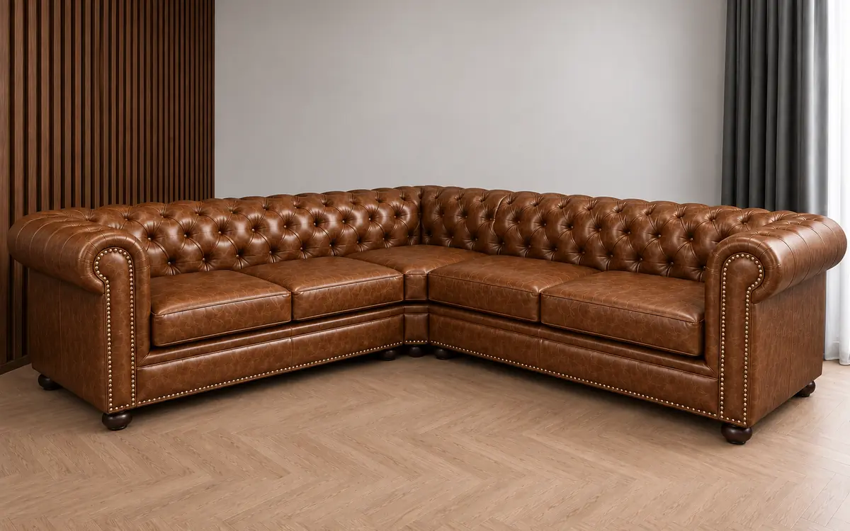 Chesterfield Leather Sofa – 5 Seater Corner in Tan