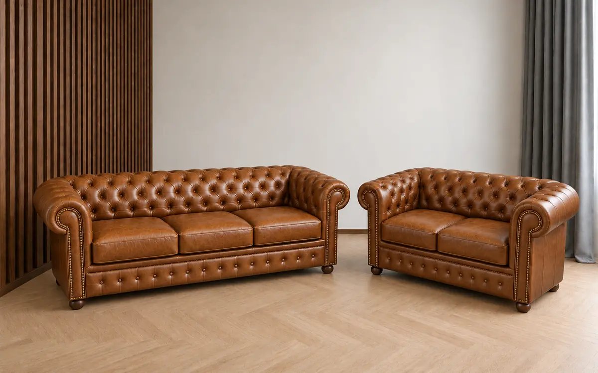 Chesterfield Leather Sofa – 3 + 2 sofa set in Tan