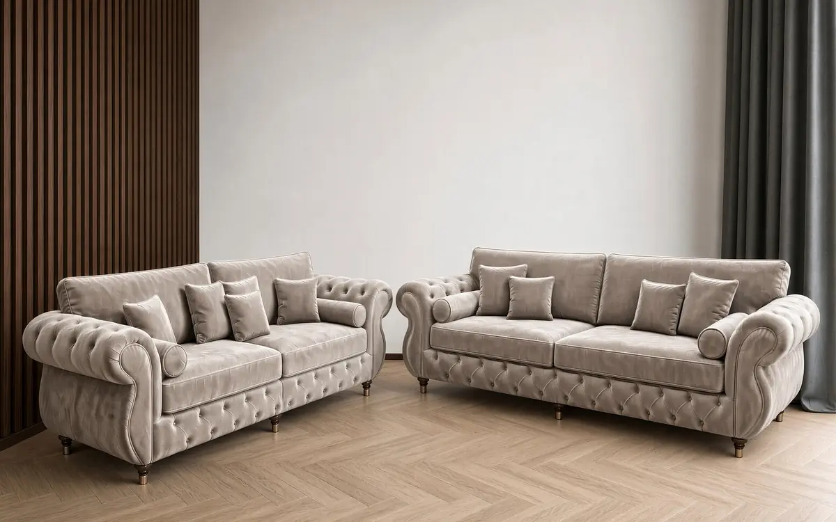 Rio Chesterfield Sofa – 3 + 2 sofa set in Pale Silver
